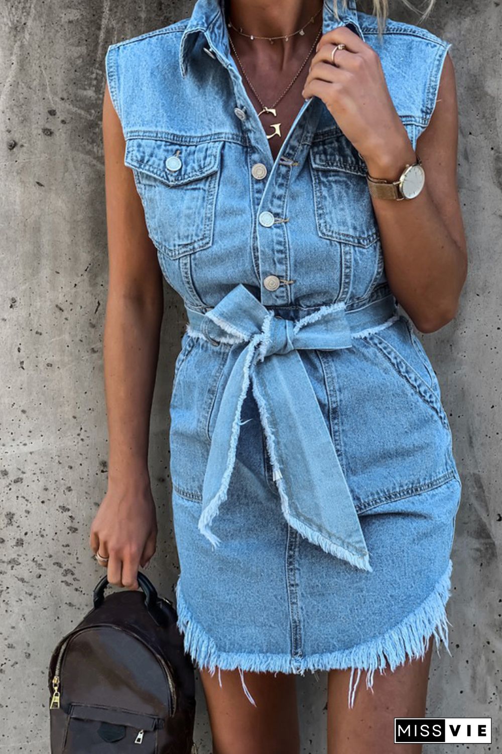 Vintage Turn-down Collar Sleeveless Tie Waist Hem Tassels Denim Dress Wholesale