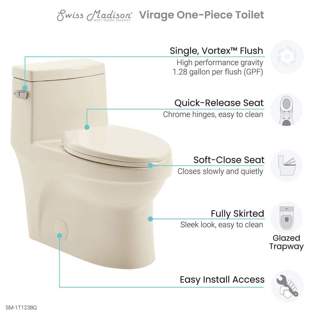 Swiss Madison Classe 1Piece 128 GPF Single Flush Elongated Toilet with Front Flush Handle in Bisque Seat Included