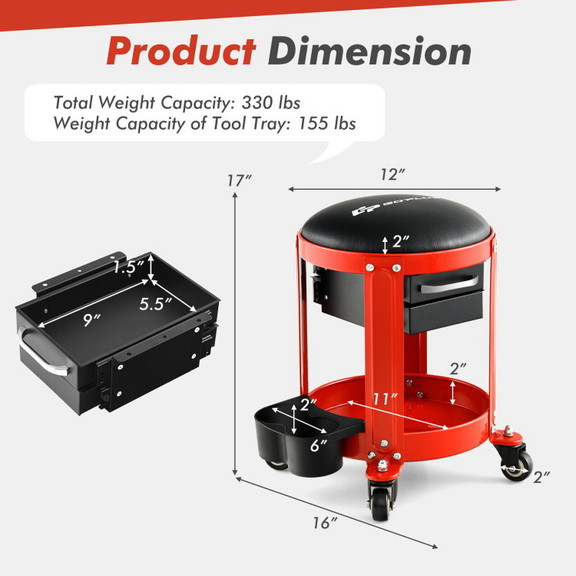 Costway 76451392 Rolling Mechanic Stool with Remov...