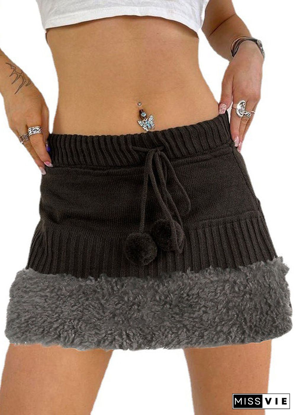 Women Brown Fluffy Elastic Waist Patchwork Knit Skirts Fall