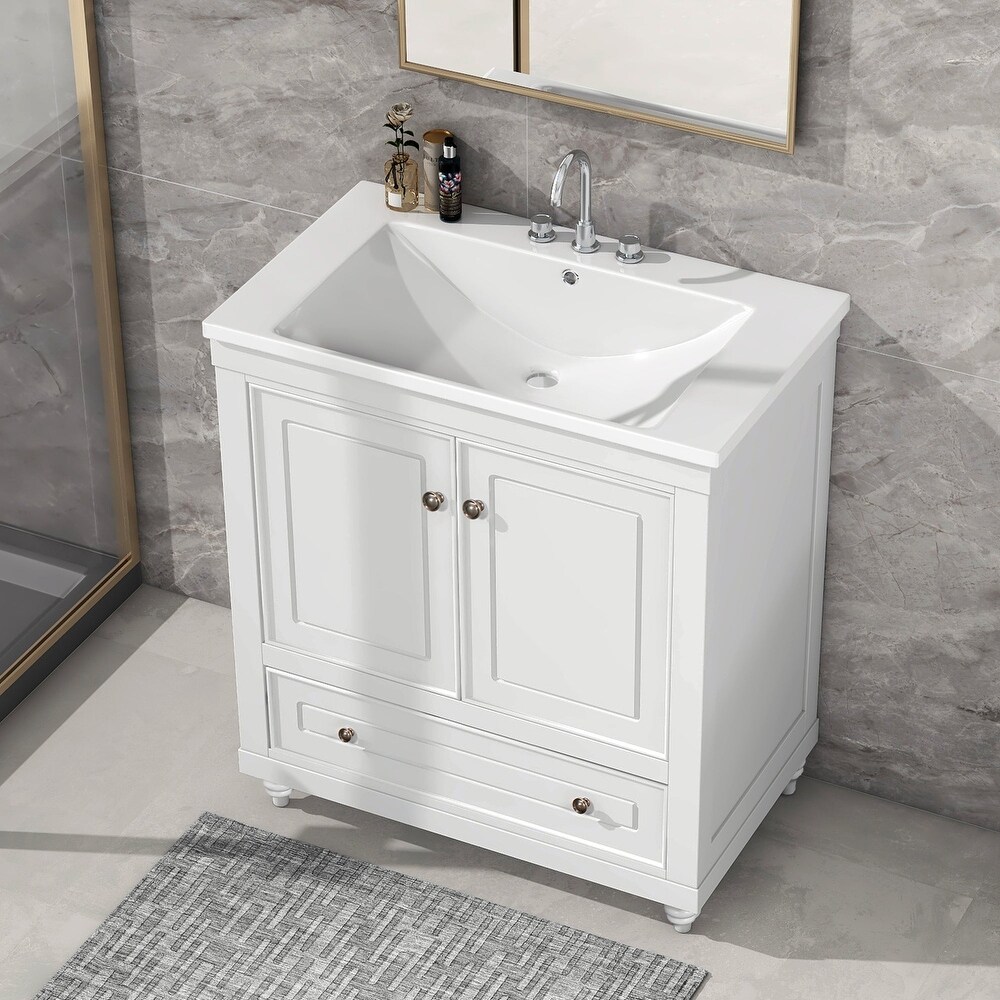 MDF Freestanding Bathroom Vanity Set with Drawer  Integrated Sink and Doors