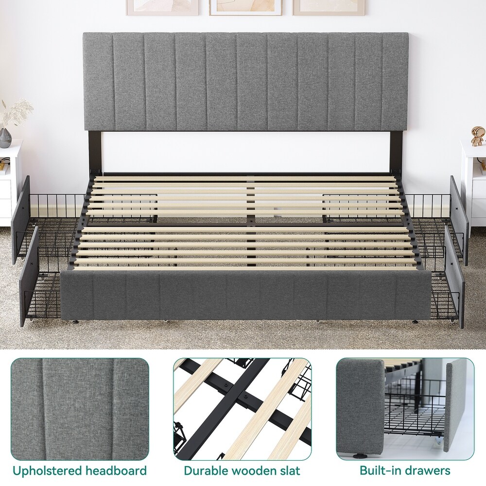 Modern Queen/King Grey Upholstered Bed Frame with Storage Drawers