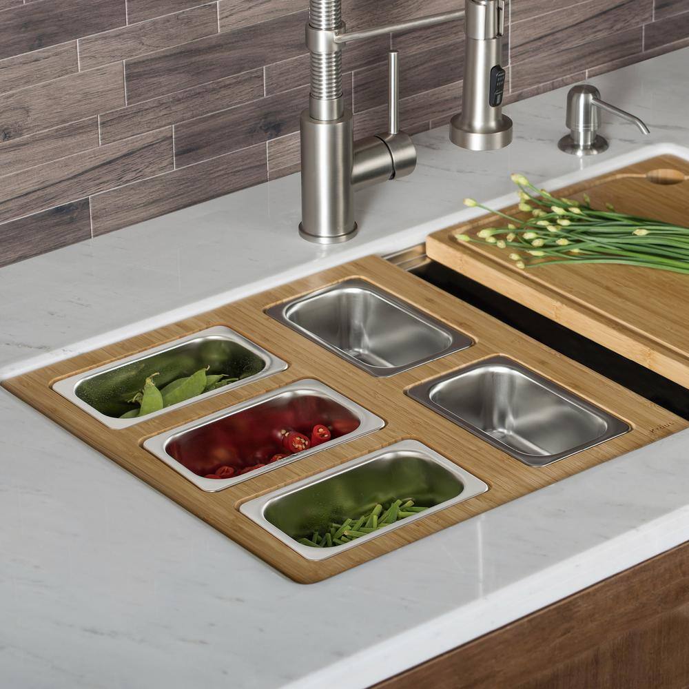 KRAUS 16.75 in. Workstation Kitchen Sink Composite Serving Board Set with Rectangular Stainless Steel Bowls KSC-1005BB