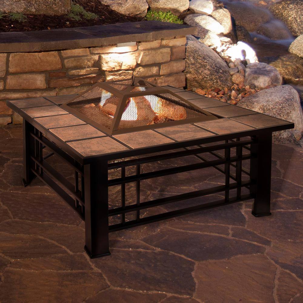 Pure Garden 32 in. Steel Square Tile Fire Pit with Spark Screen and Poker M150121