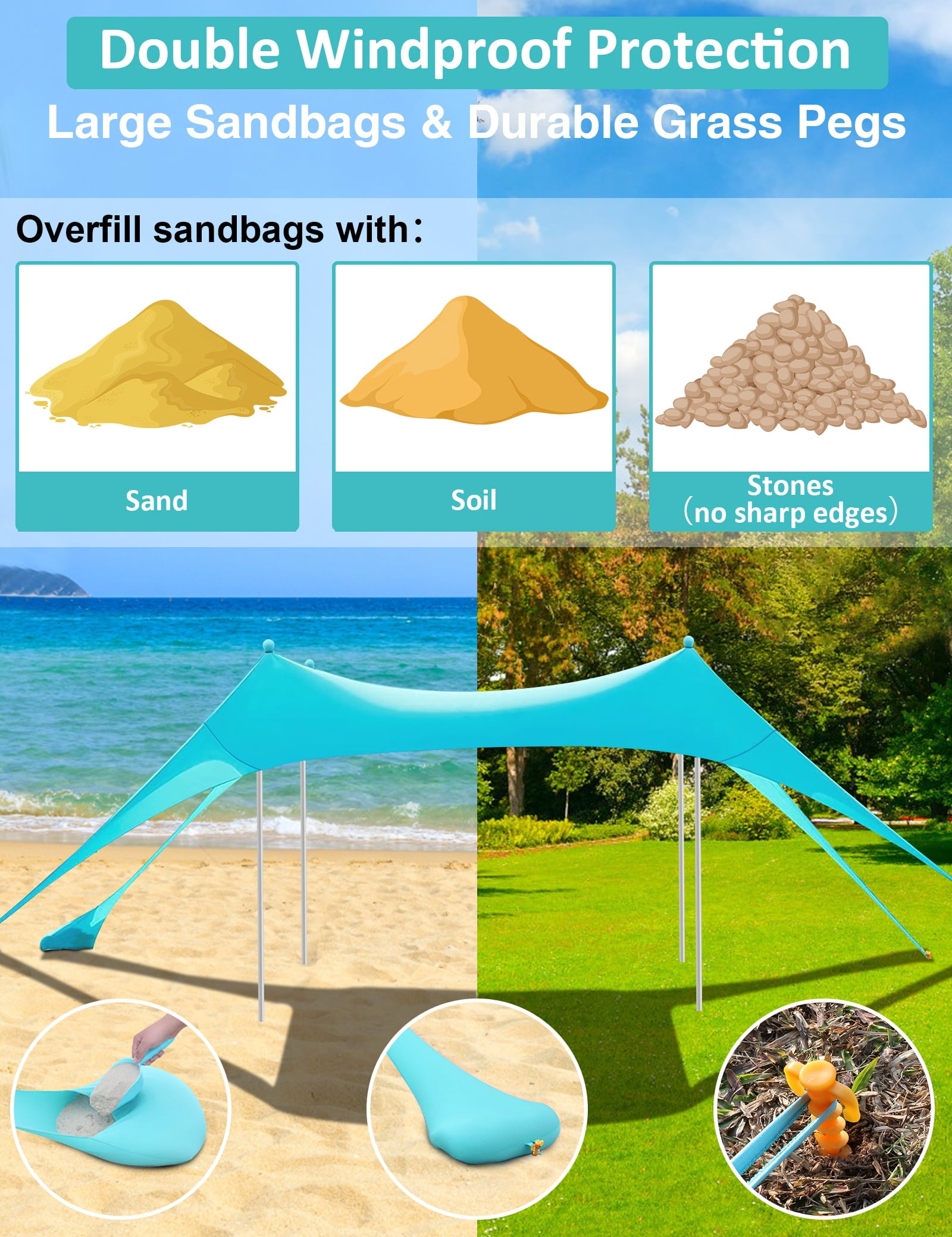 Anngrowy Beach Tent Canopy 10'x10' Beach Tents Sun Shelter 6-8 Person Beach Canopy Tent Sun Shade Easy Setup Pop Up Beach Shade Canopy Portable Beach Tent UPF 50+ Waterproof