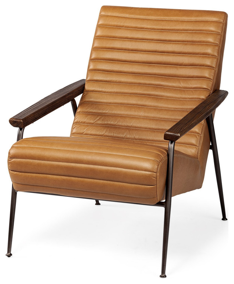 Grosjean Brown Genuine Leather w/ Dark Brown Frame  ampWooden Arms Accent Chair   Midcentury   Armchairs And Accent Chairs   by Mercana  Houzz