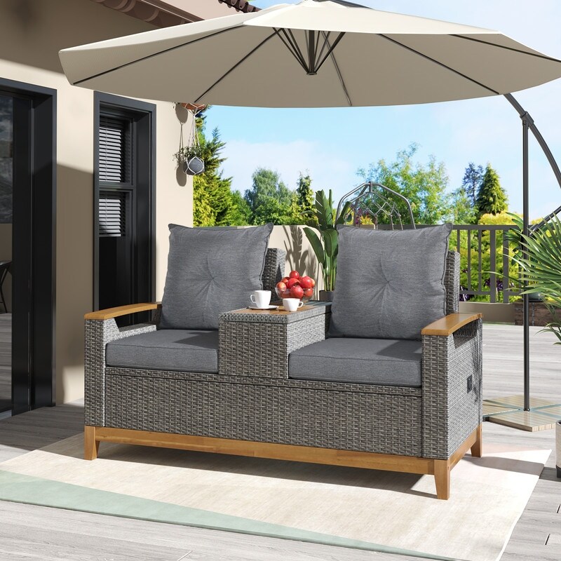 Outdoor Patio Sofa Adjustable Loveseat with Storage Armrest