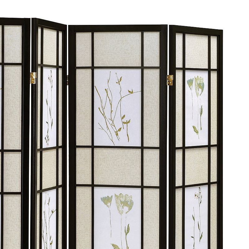 4 Panel Screen with Floral Print Detailing and Wooden Frame， Black