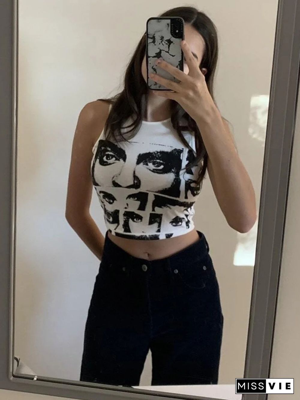 High Street Style Y2K Figure Graphic Crop Top Women Summer Clothes Korean Fashion Sleeveless Tank Top Tee Shirt Streetwear