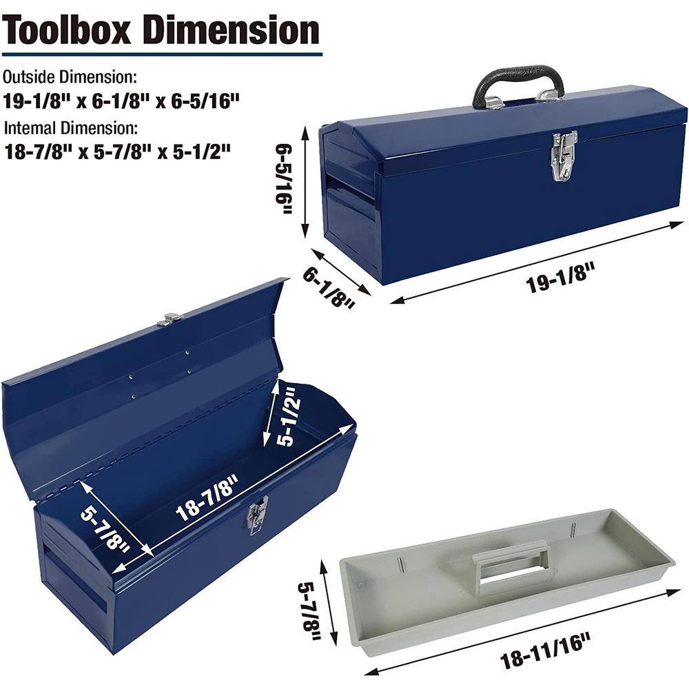 TCE 19.1 in. L x 6.1 in. W x 6.5 in. H Hip Roof Style Portable Steel Tool Box with Metal Latch Closure Blue ATB101U