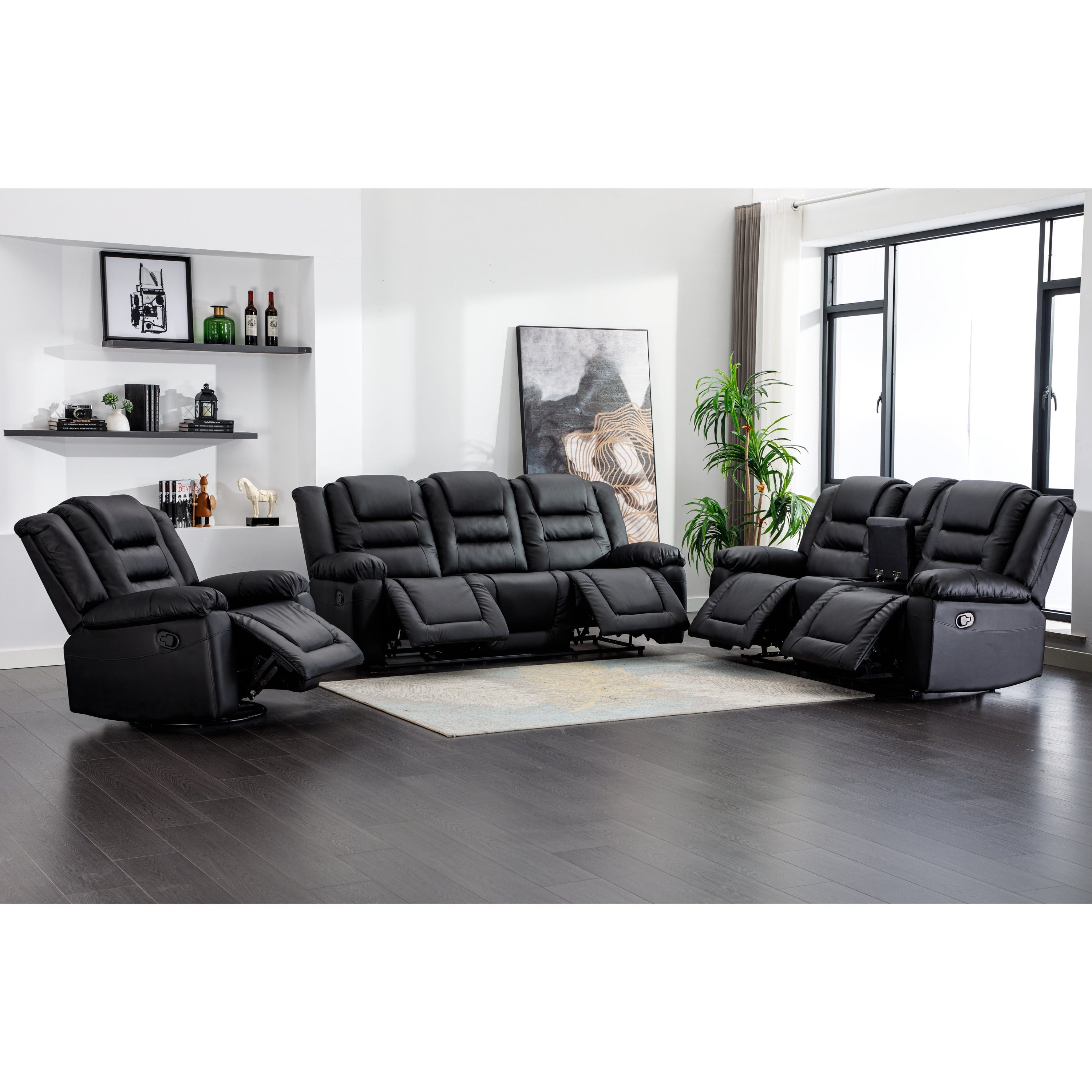 3 Pieces Recliner Sofa Sets in PU Leather for Living Room，Black - 3 Pieces Recliner Sofa Sets