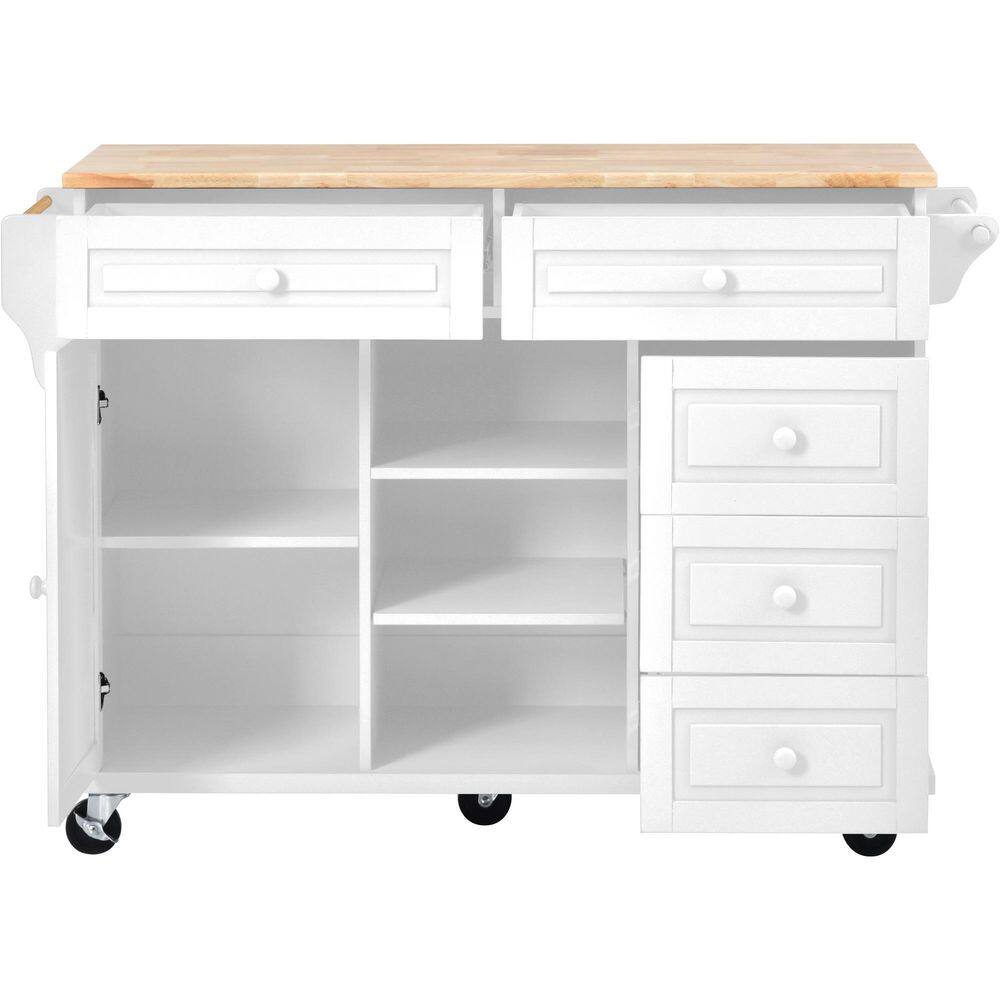 Runesay White Kitchen Island Cart Rubber Wood Desktop Rolling Mobile with Adjustable Shelves Storage and 5-Drawer KIWH-11193