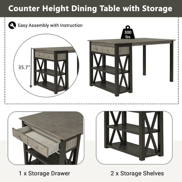 4-Piece X-Design Wood Counter Height Dining Table Set with Upholstered StoolandBench， Kitchen Dining Set with 2 Drawerand2 Shelf