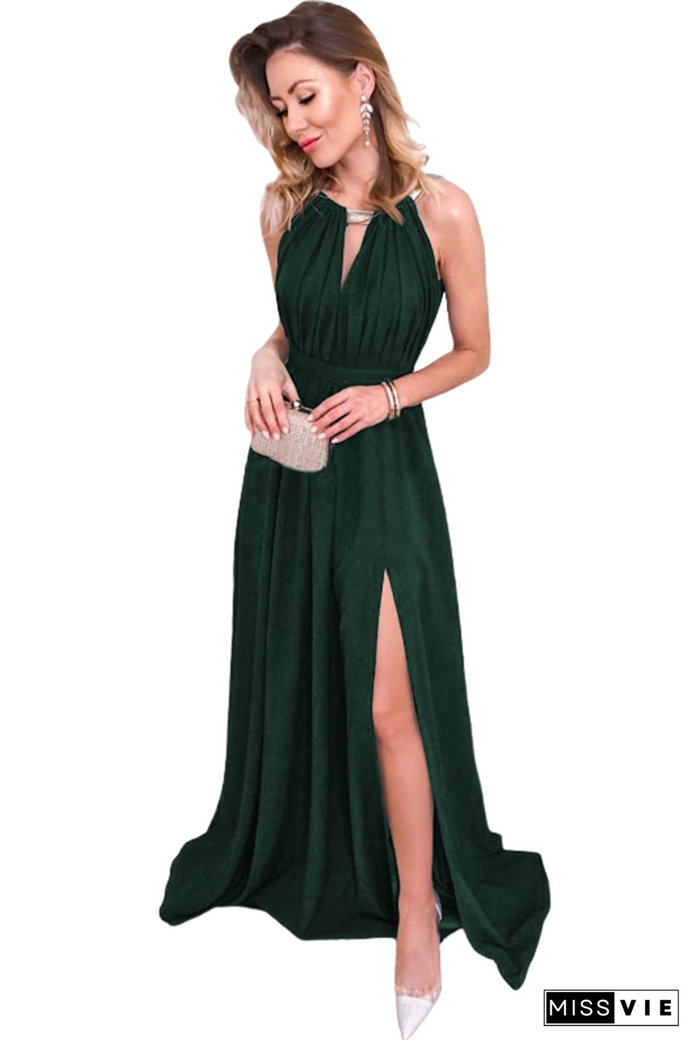 Green Glitter Trim Cutout Strapless Slit Party Dress