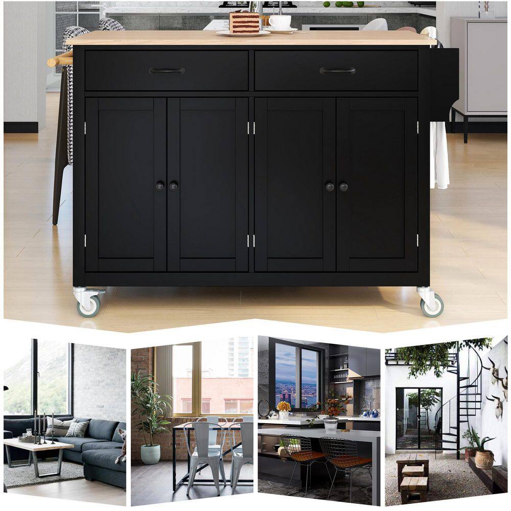 54.3 in. L x 18.5 in. W x 36.22 in. H Black Kitchen Island Cart with Solid Wood Top and Locking Wheels WFAAB286wy