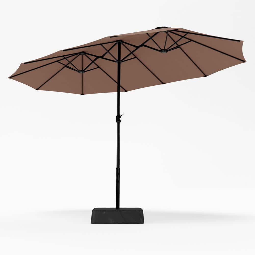 PHI VILLA 15 ft Market Patio Umbrella 2Side in Beige With Base and Sandbags