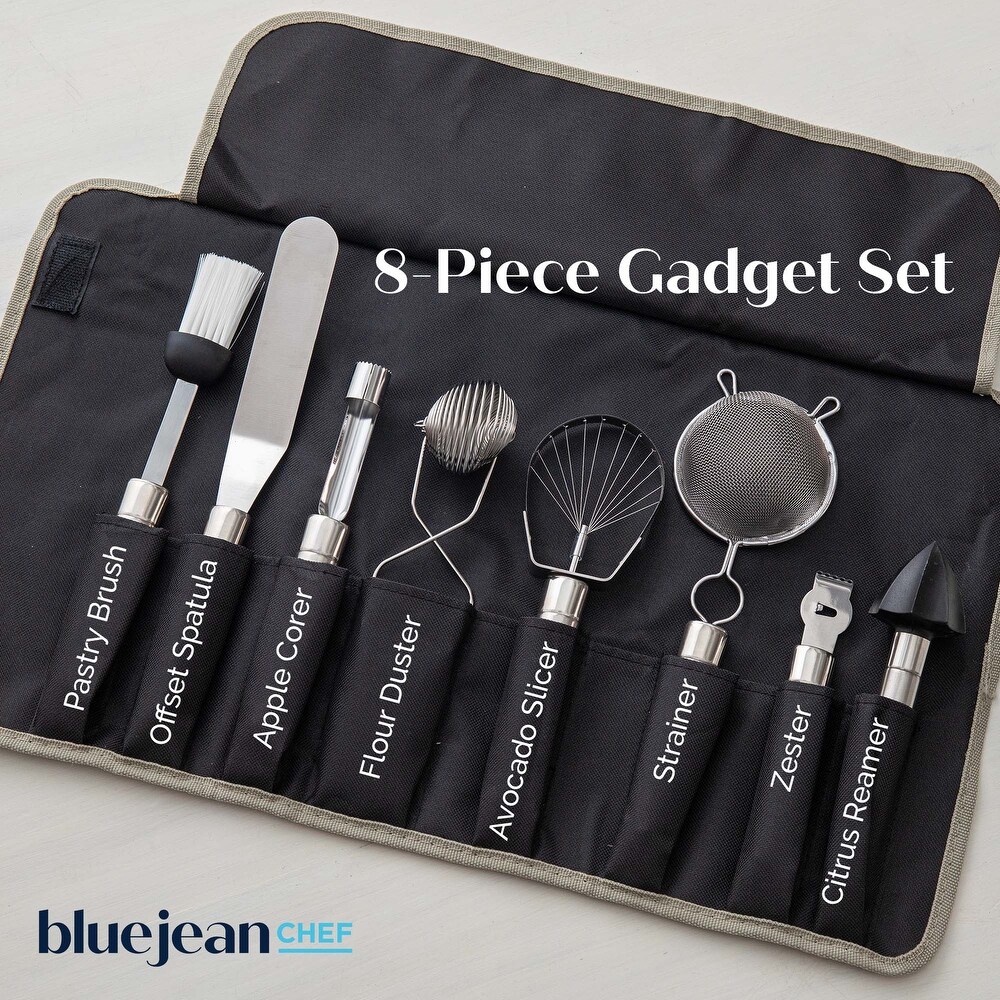 Blue Jean Chef 8 Piece Kitchen Tool and Gadget Set  Stainless Steel Kitchen Tools with Storage Pouch  Dishwasher Safe