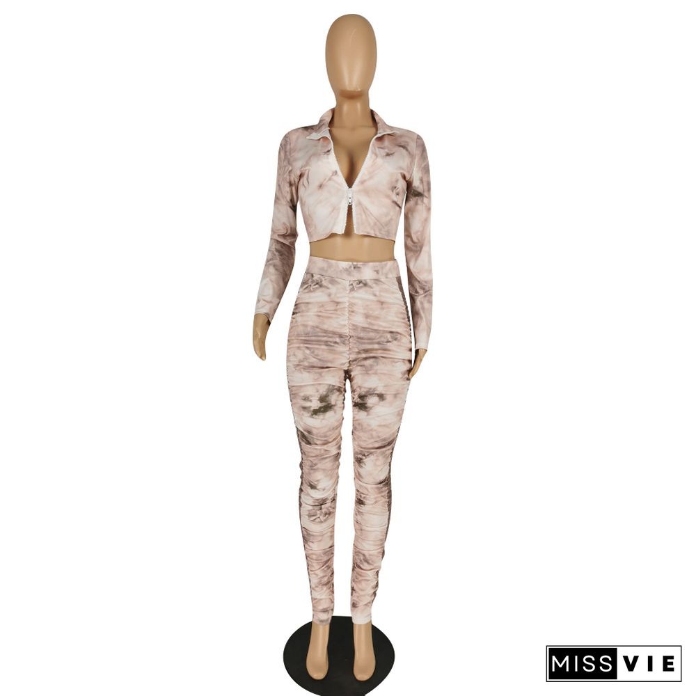 Tie Dye Zip Crop Top Pleated Stacked Pants Set