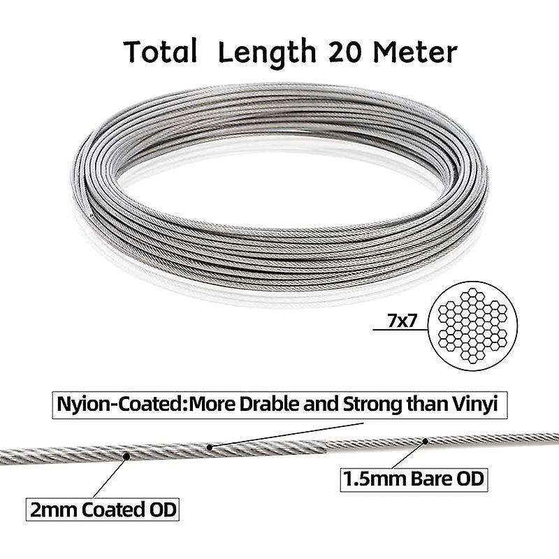 20 Meter Wire Rope Kit Diameter 2mm Nylon Coated 304 Stainless Steel Cable Transparent For Climbing Plants