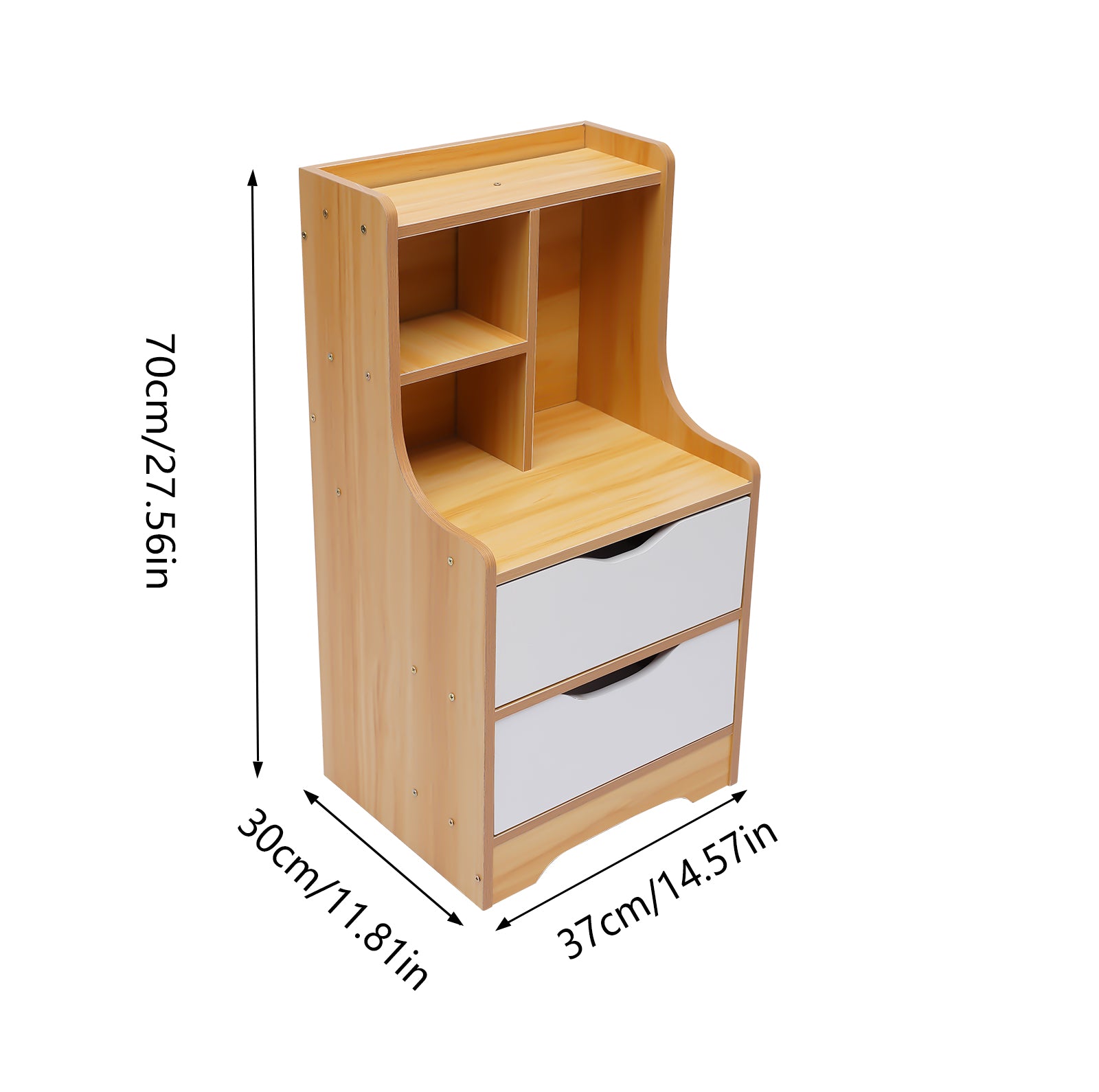 Oukaning  Modern Wood Nightstand Side Furniture with 2 Drawers and Storage Shelves Wood Color