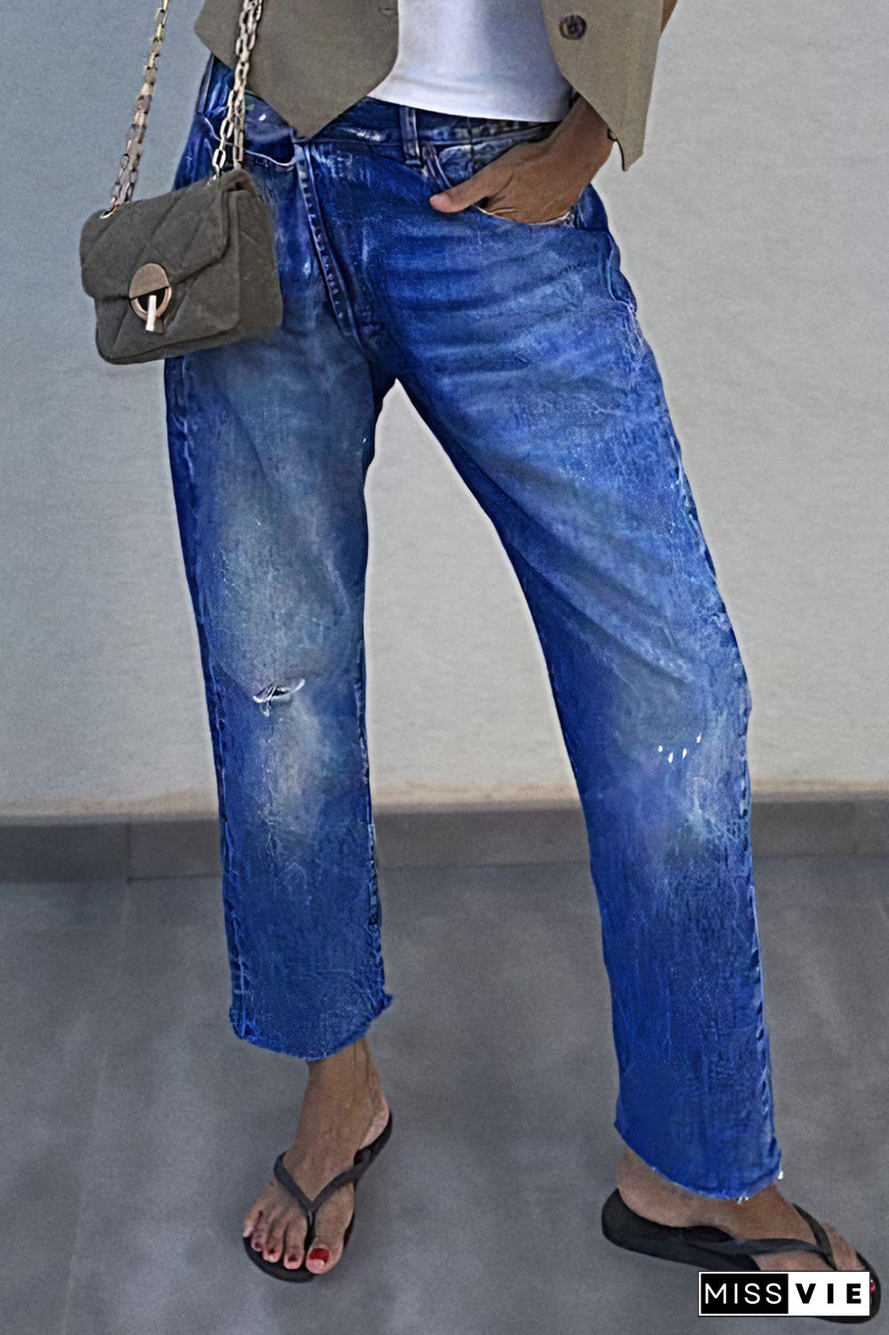 Ripped Raw Hem Low Waist Straight Leg Crop Jeans