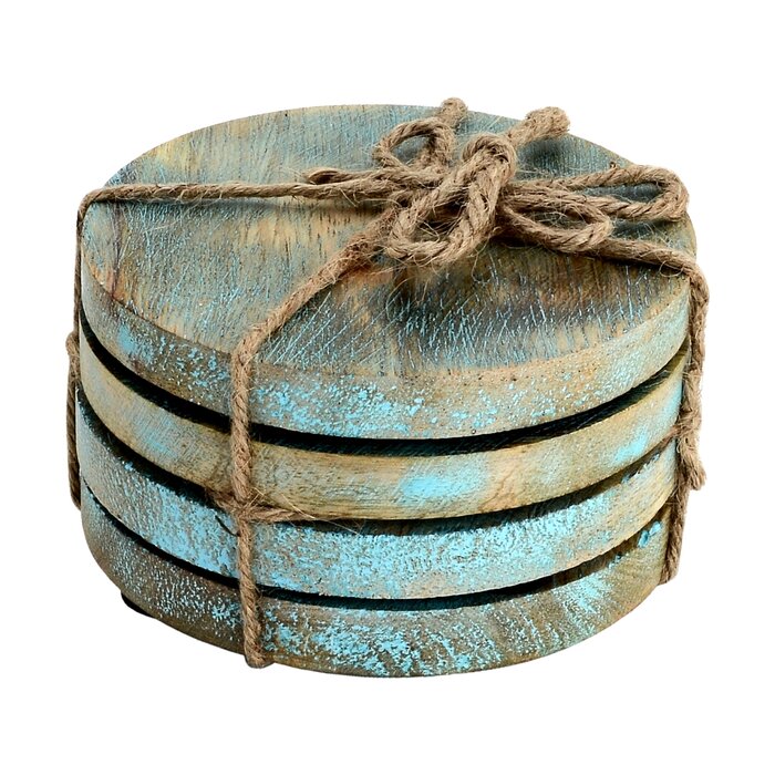 Wood Coasters， (4) Pieces Wooden Coasters Cup Coaster Set for Bar Kitchen Home ， with Natural Blue/Brown Finish