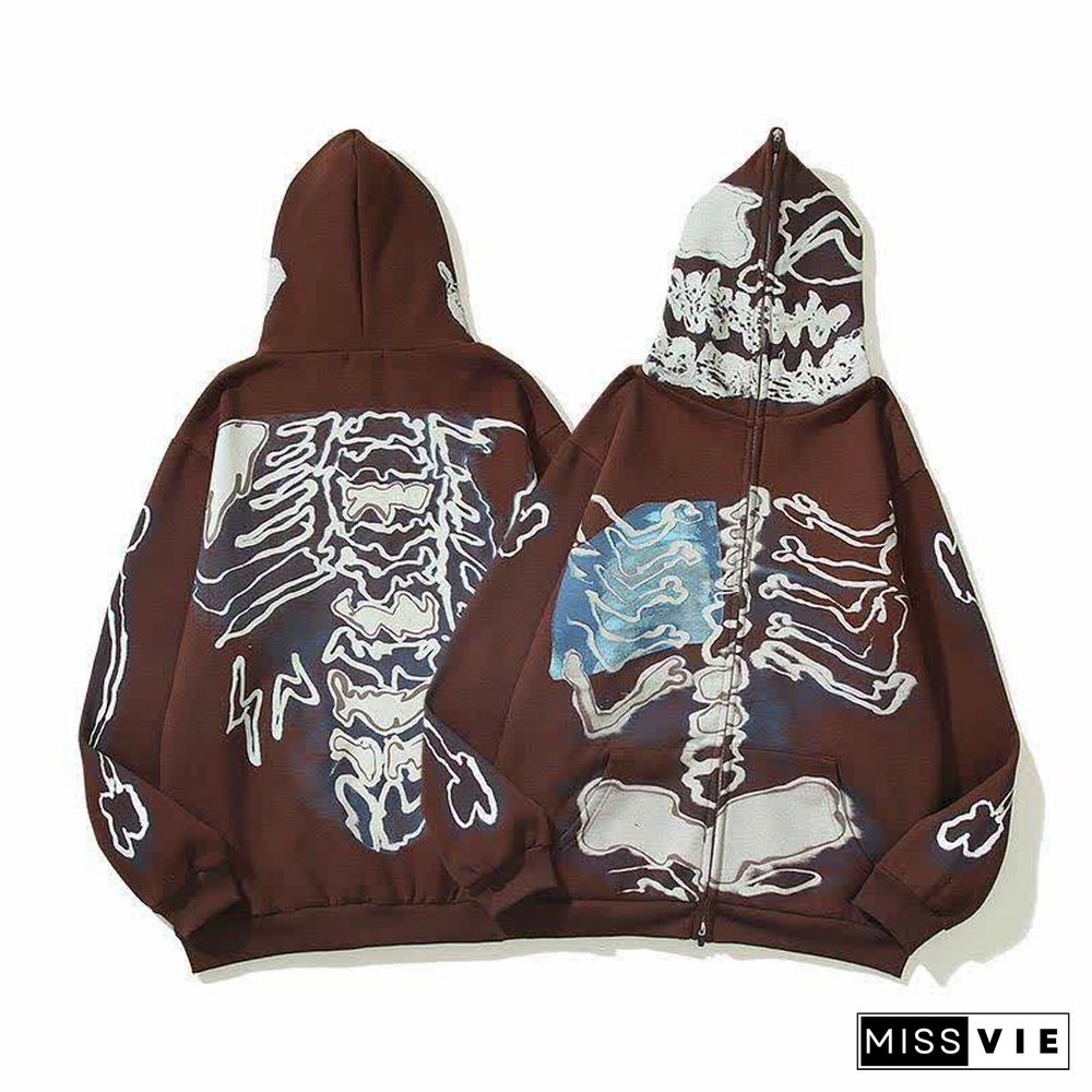 Skeleton Print Zipper Loose Hooded Sweatshirt