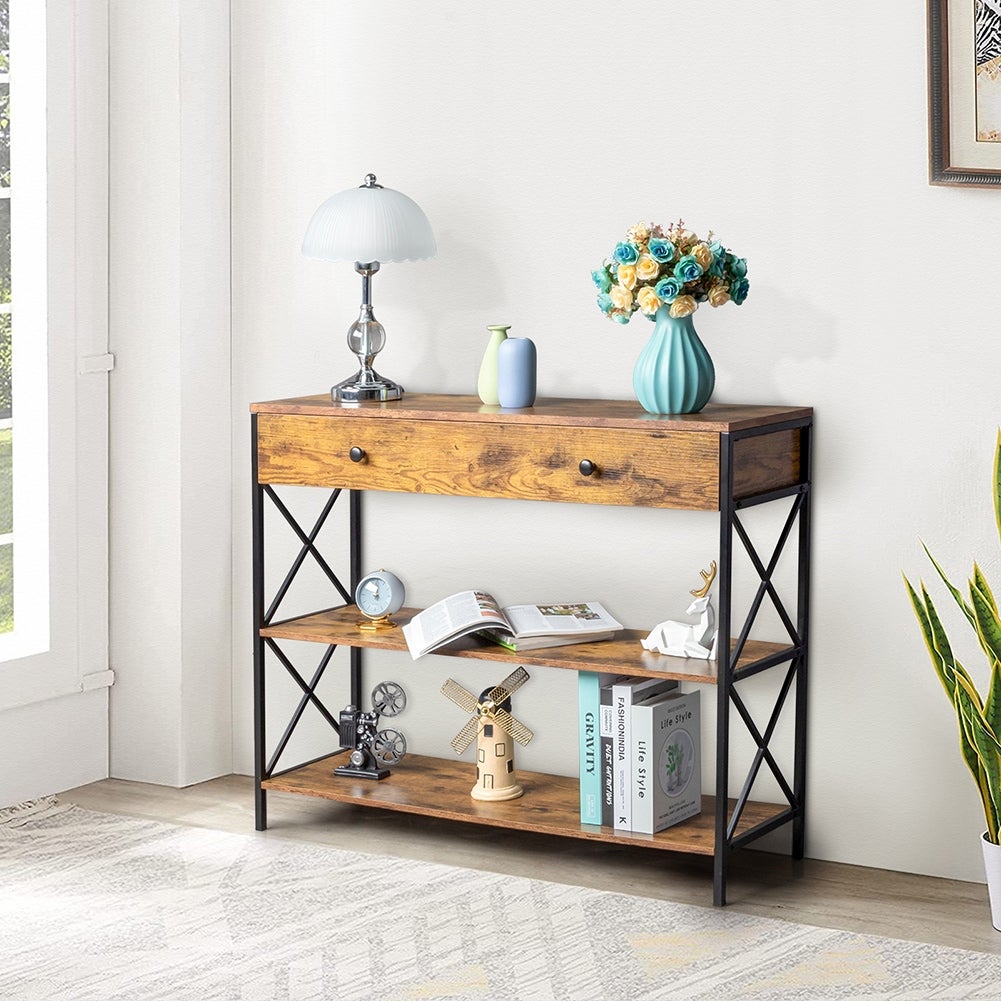 Industrial Style 3-Tier Console Table with Drawer and Shelves