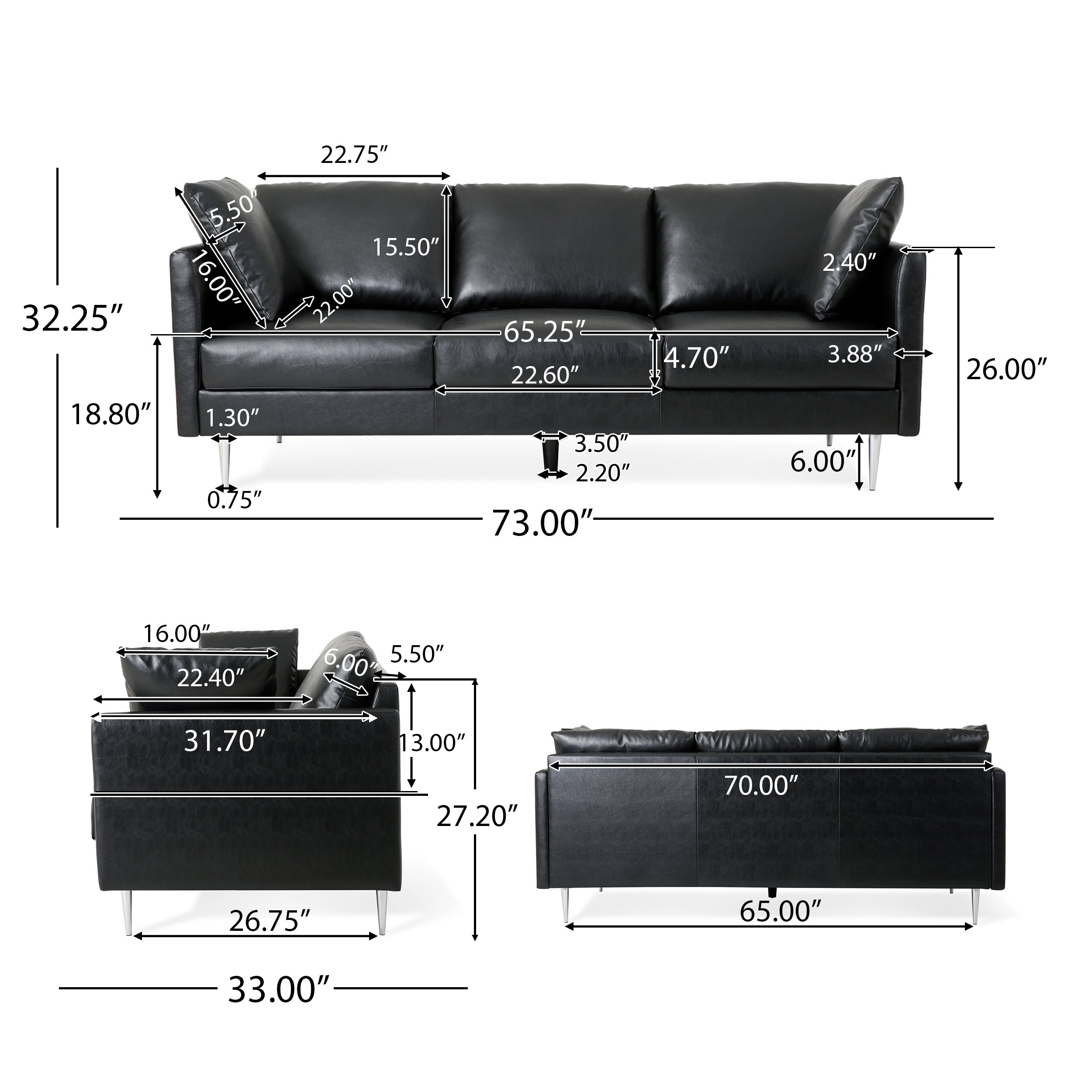 Syosset Modern Faux Leather 3 Seater Sofa with Pillows