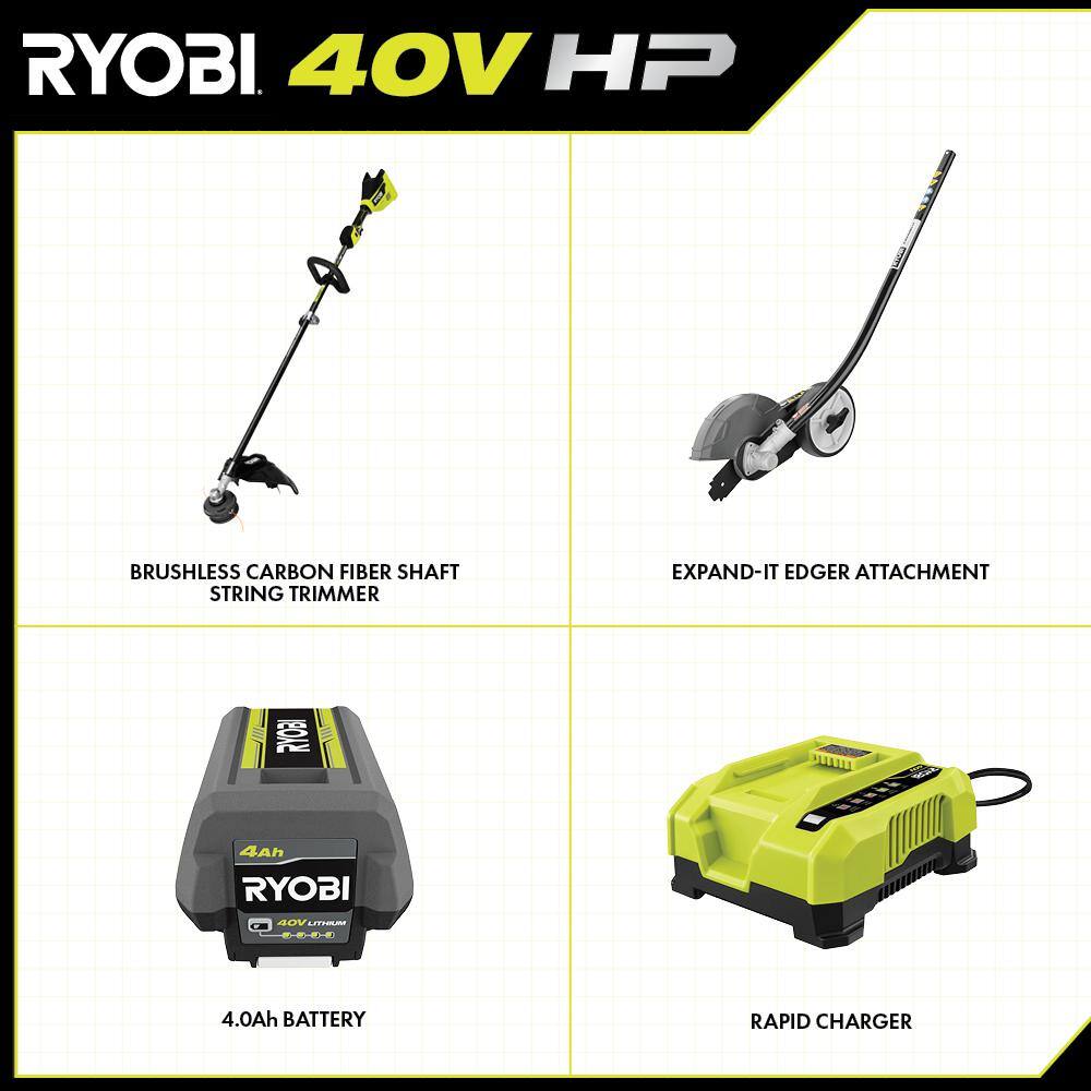 RYOBI 40V HP Brushless 15 in. Carbon Fiber Shafter String Trimmer and Edger Attachment with 4.0 Ah Battery and Charger RY40290-EDG