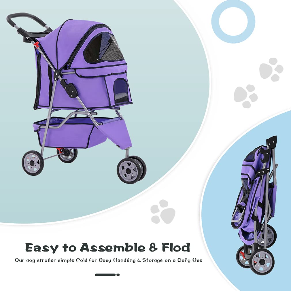 BestPet 3 Wheel Collapsible Pet Stroller，Purple