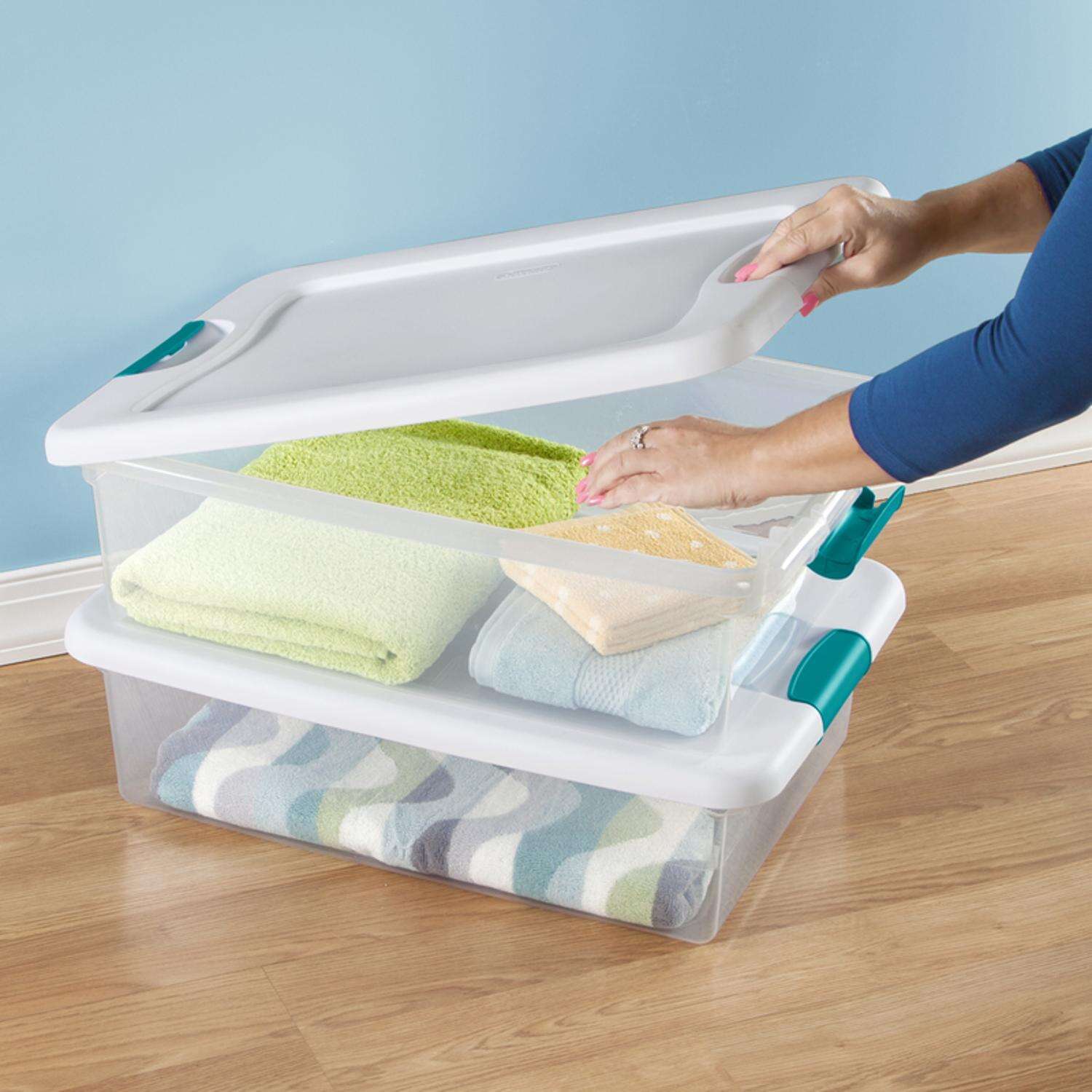 Sterilite 32 qt Clear/White Latch Storage Box 6-7/8 in. H X 23-3/4 in. W X 16 in. D Stackable