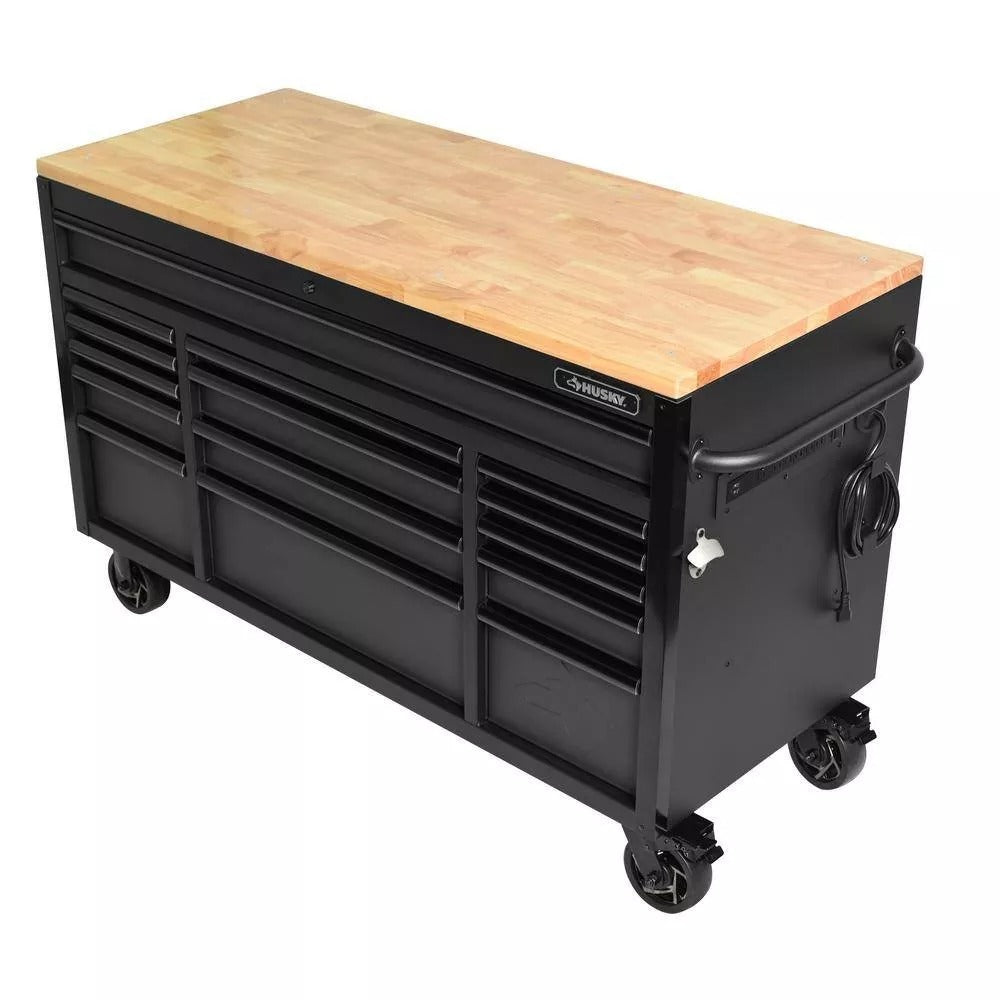 Heavy Duty 61 in. W x 23 in. D 15-Drawer Mobile Workbench with Solid Wood Top