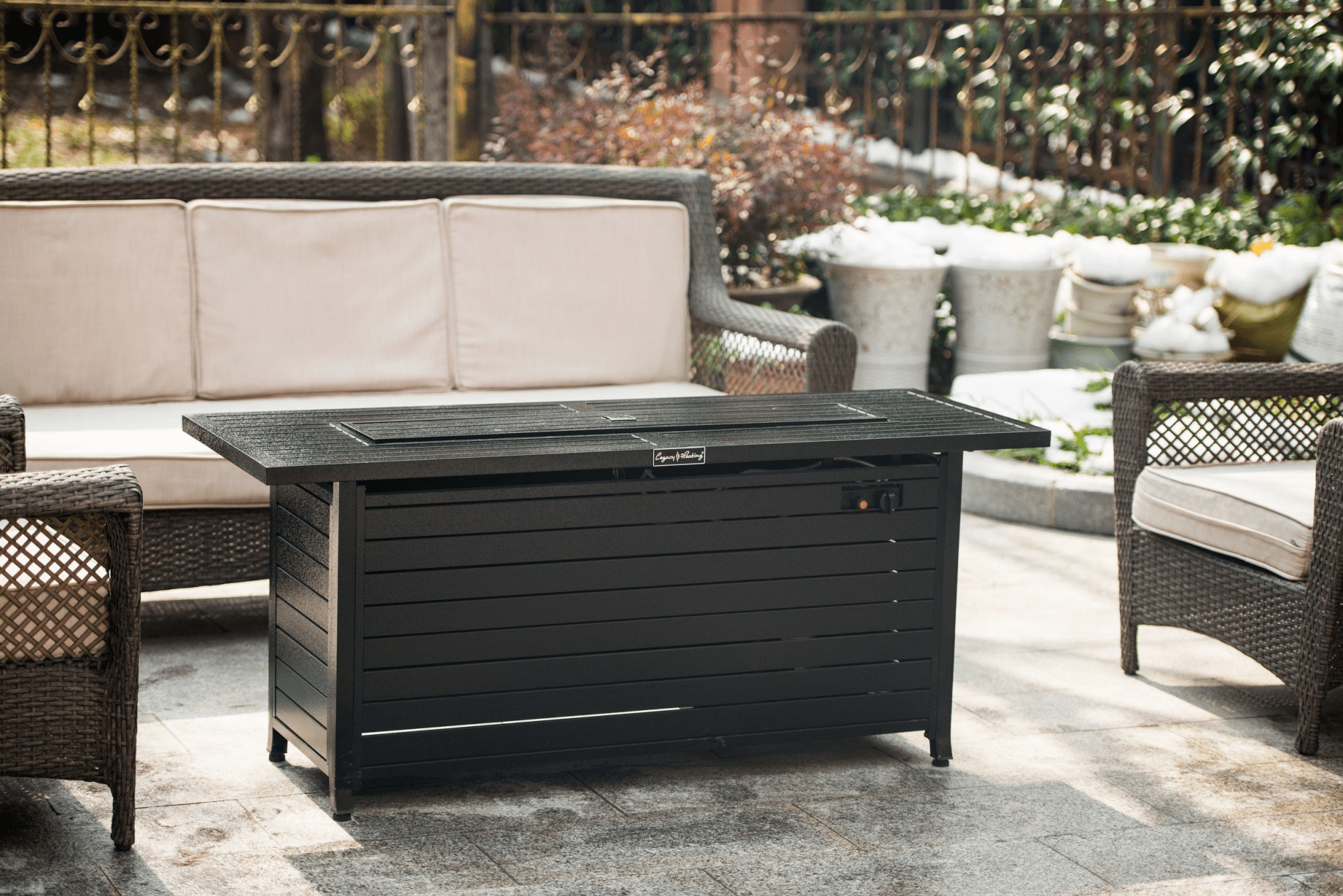 Sportaza 57in Outdoor Gas Propane Fire Pits Table, Aluminum, 50000BTU Firepit Fireplace Dinning Table with Lid, Fire Glass, Retangular, ETL Certification, for Garden Backyard Deck Patio-hammered blac