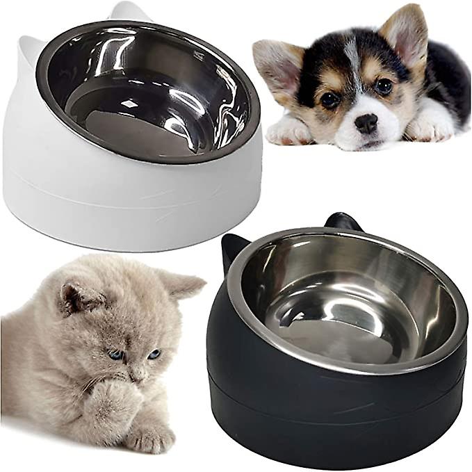 2pcs Raised Cat Bowl Tilted 15 Slanted Elevated Bulldog Feeder Non-spill Dog Kitten Food Dish Anti-slip Detachable Pet Stainless Steel Slope Base For