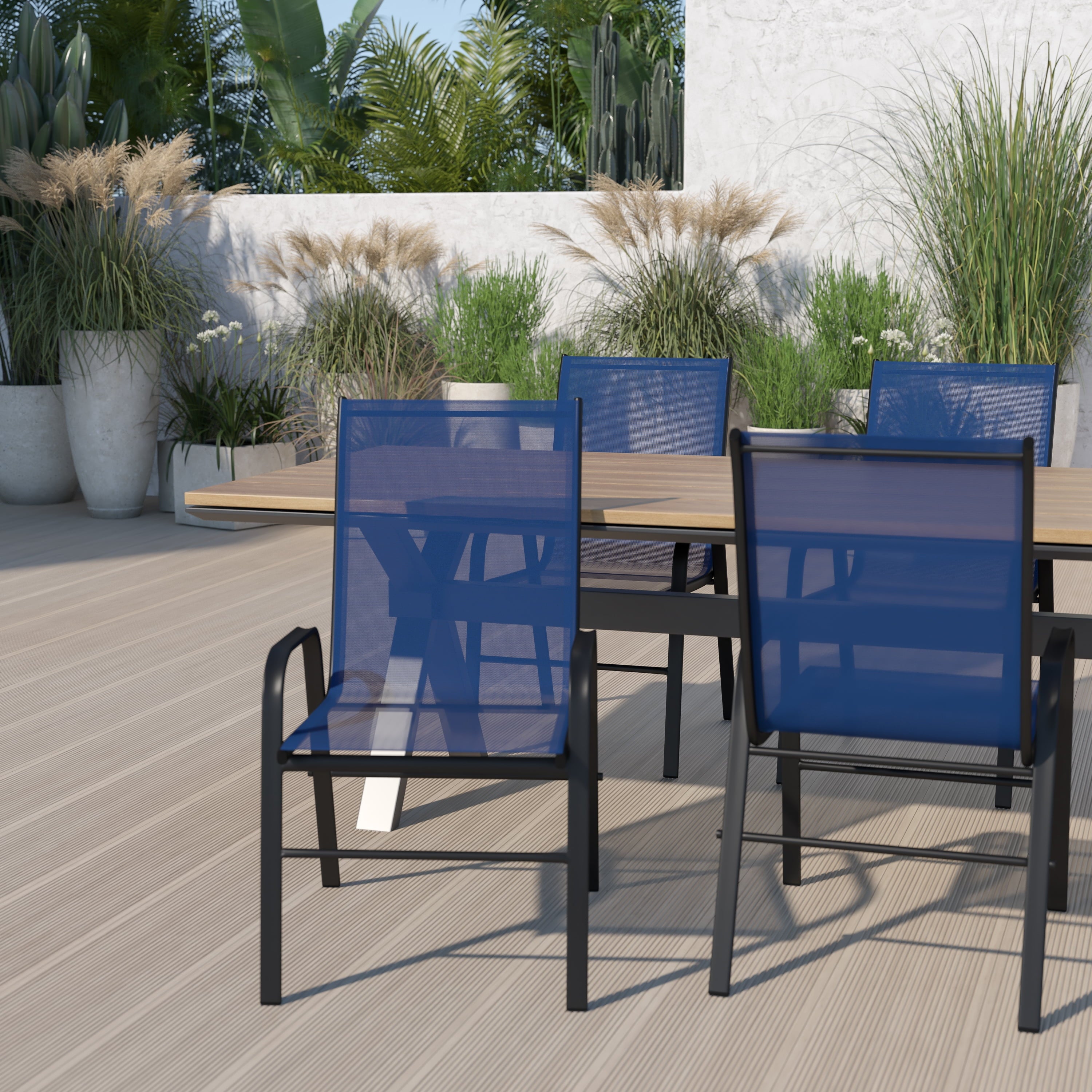 4 Pack Brazos Series Navy Outdoor Stack Chair with Flex Comfort Material and Metal Frame