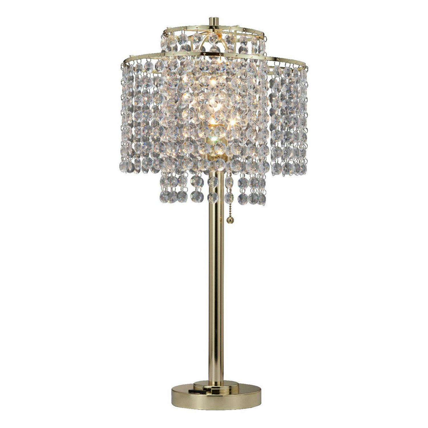 26 in 2 TIER HOLLY GLAM SILVER TABLE LAMP W/ CHARGING STATION AND USB PORT