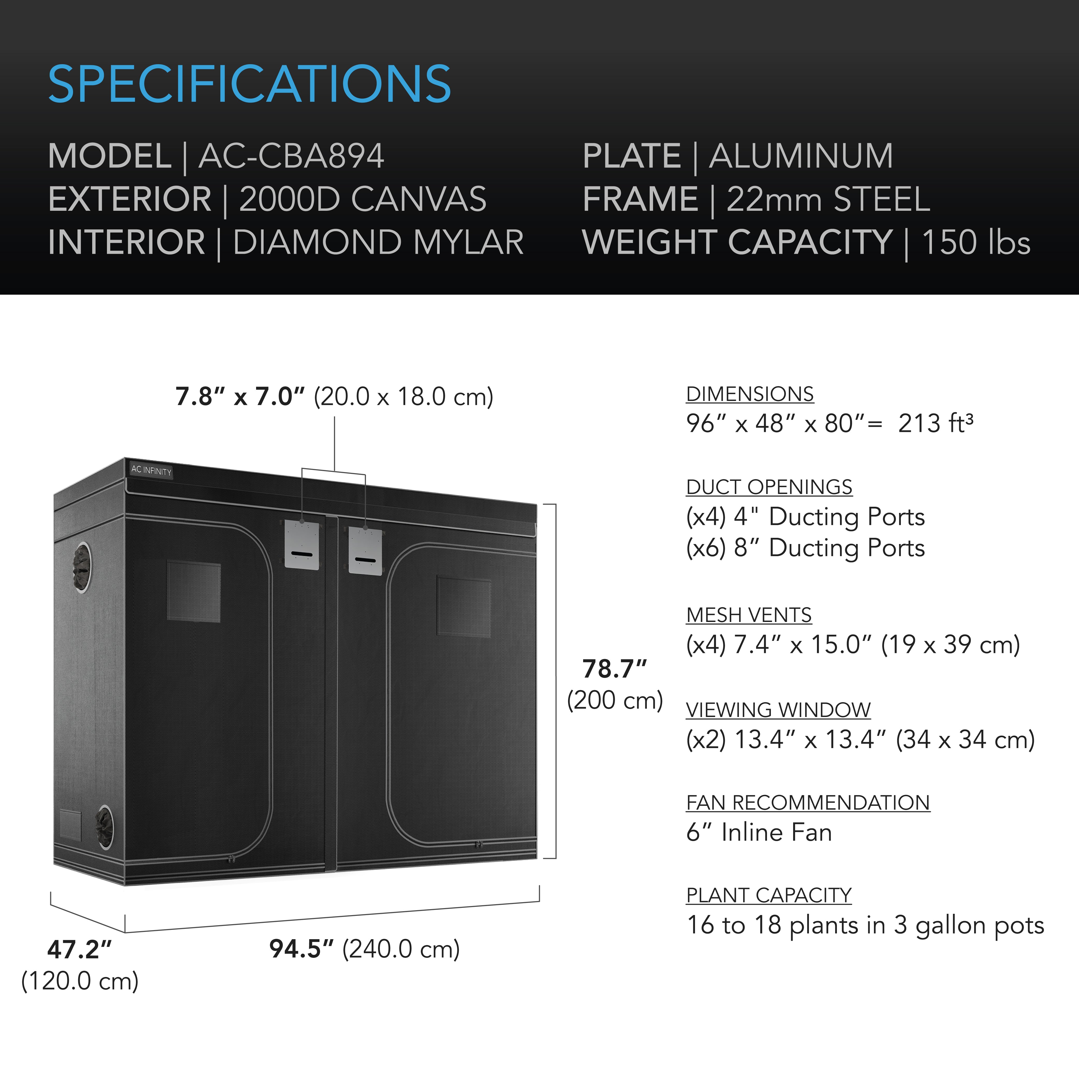 AC Infinity CLOUDLAB 894 Advance Grow Tent， 8x4 with Thicker 1 in. Poles with Higher Density 2000D Diamond Mylar Canvas， Controller Mount for Hydroponics Indoor Growing， 96? x 48? x 80?