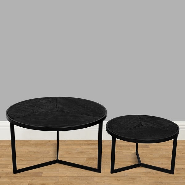 28， 20 Inch Round Nesting Coffee Table Set Of 2， Handcrafted Mango Wood Charcoal Gray Top， Black Iron Base