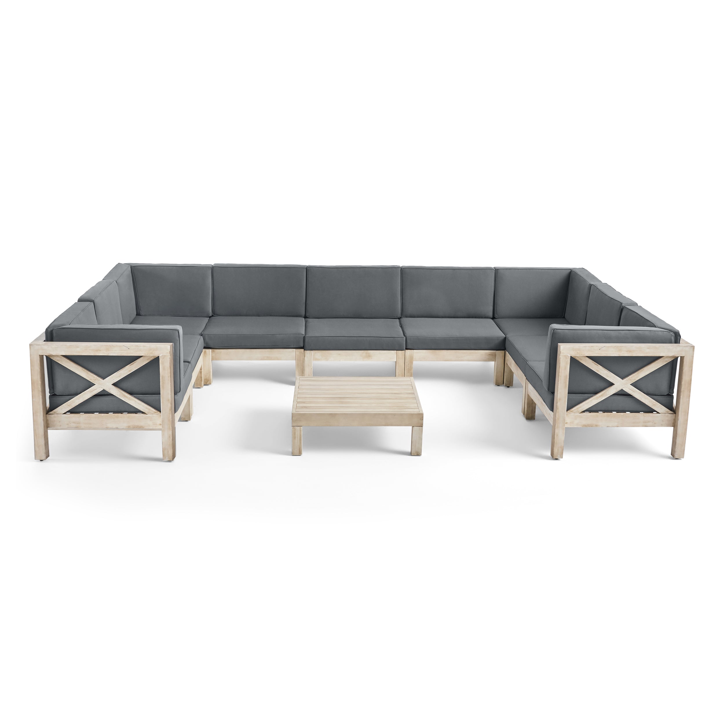 Olivia Outdoor 9 Seater Acacia Wood Sectional Sofa Set, Weathered Finish and Dark Gray