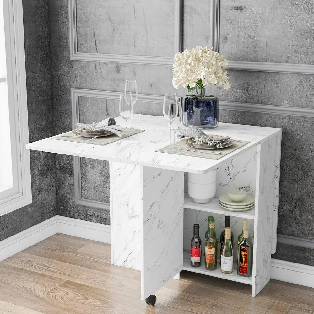 Dinaza 55.1 in. Rectangle White Marble Wood Folding Dining Table Drop Leaf Table with 2-Tier Racks with Wheels (Seats 6)