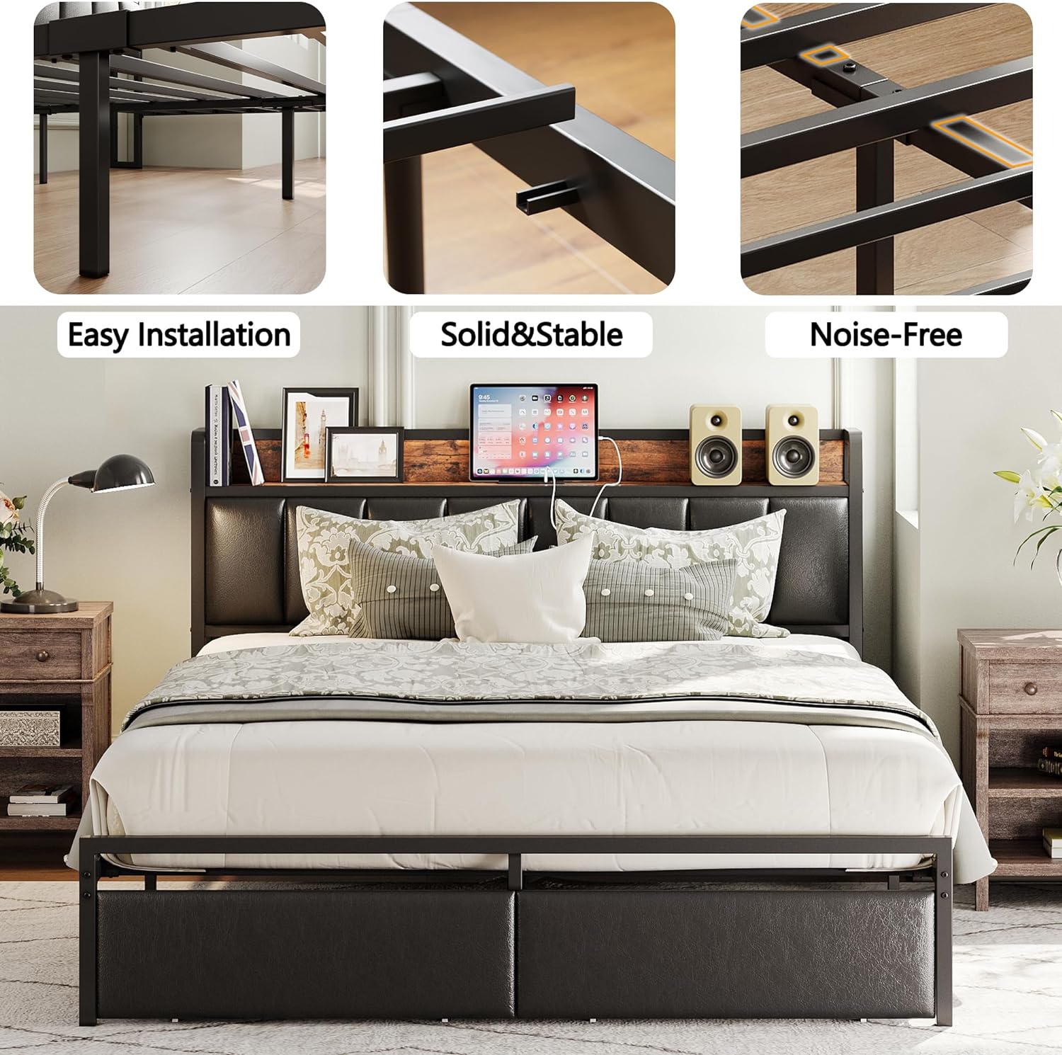 Platform Bed Frame with Storage Headboard, Charging Station, Drawers