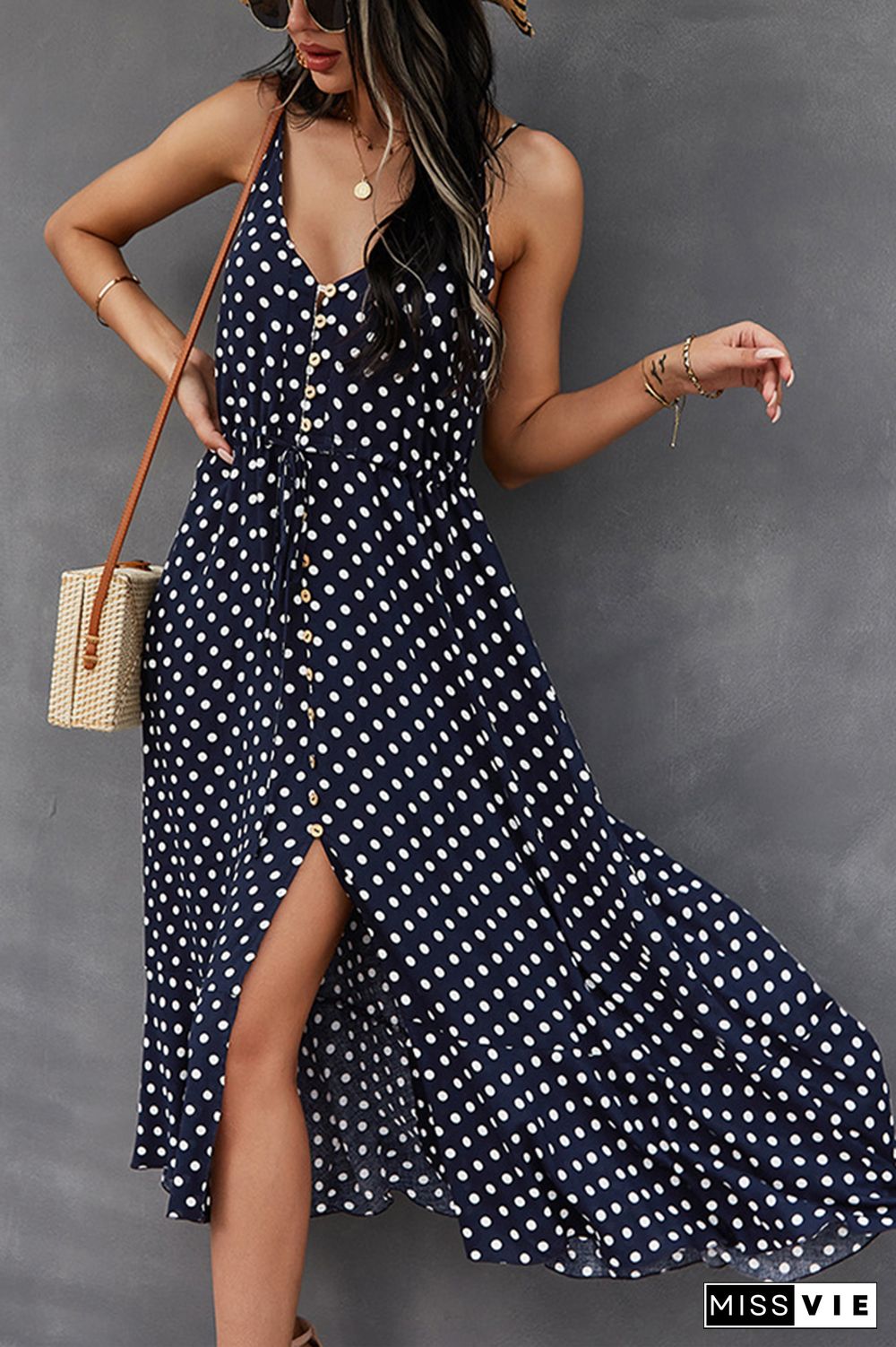 Polka Dots Sleeveless Midi Dress Wholesale