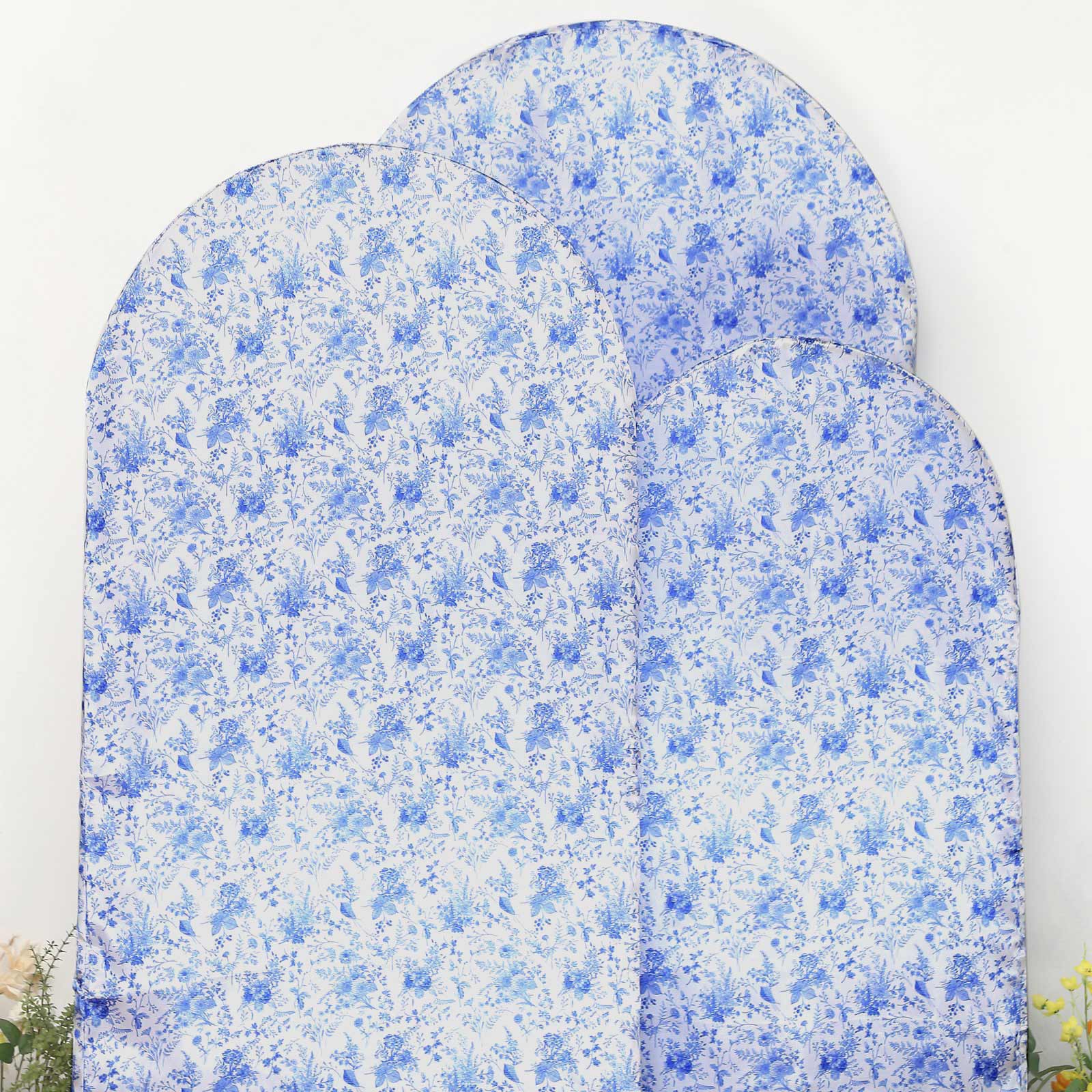 Set of 3 White Blue Satin Chiara Backdrop Stand Covers in French Toile Floral Pattern, Fitted Covers For Round Top Wedding Arches - 5ft,6ft,7ft