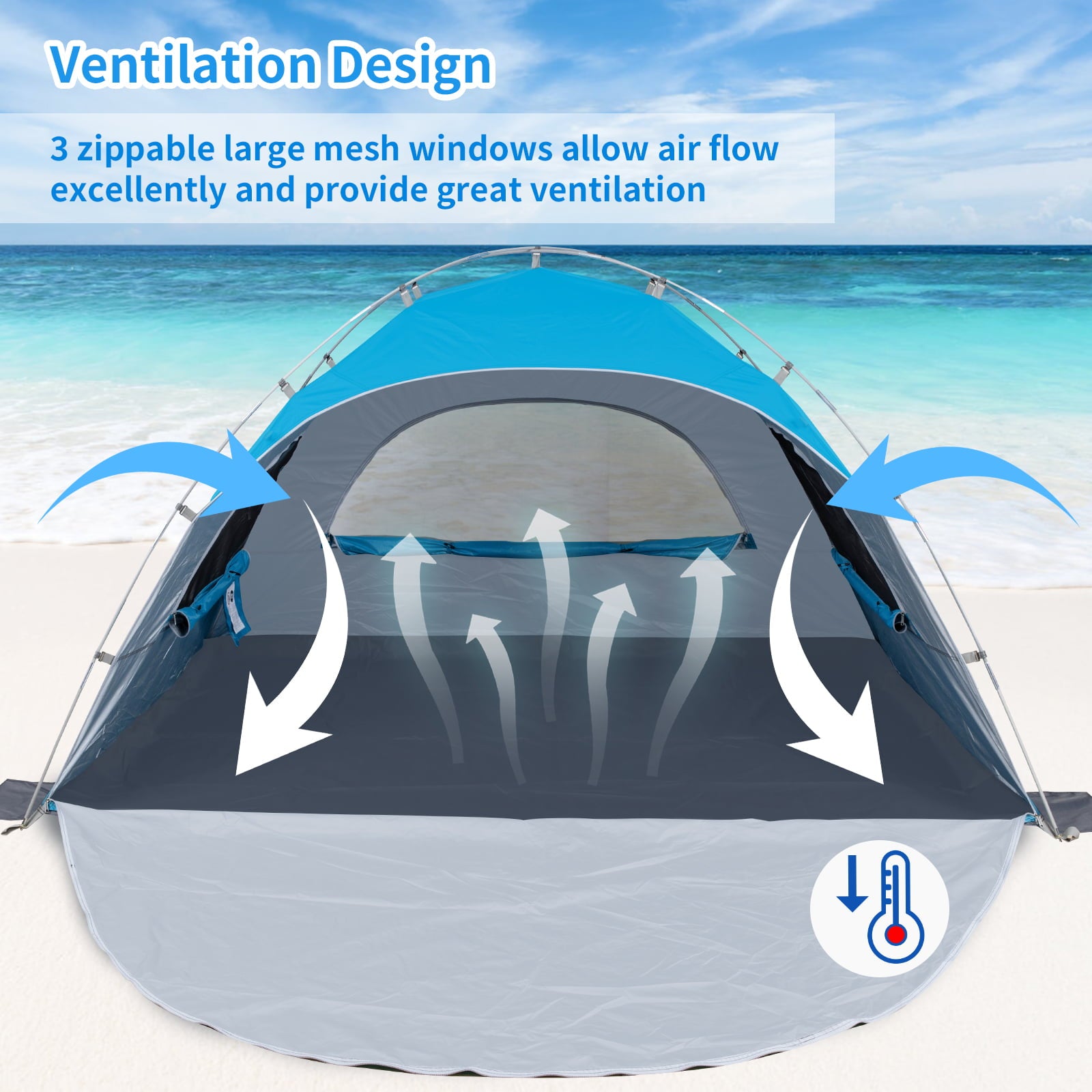 Night Cat Beach Tent Portable Camping Sun Shade Shelter for 2-3 Persons with UV Protection 3 Breathable Mesh Windows Extended Tent Floor Easy Set Up Outdoor Blue