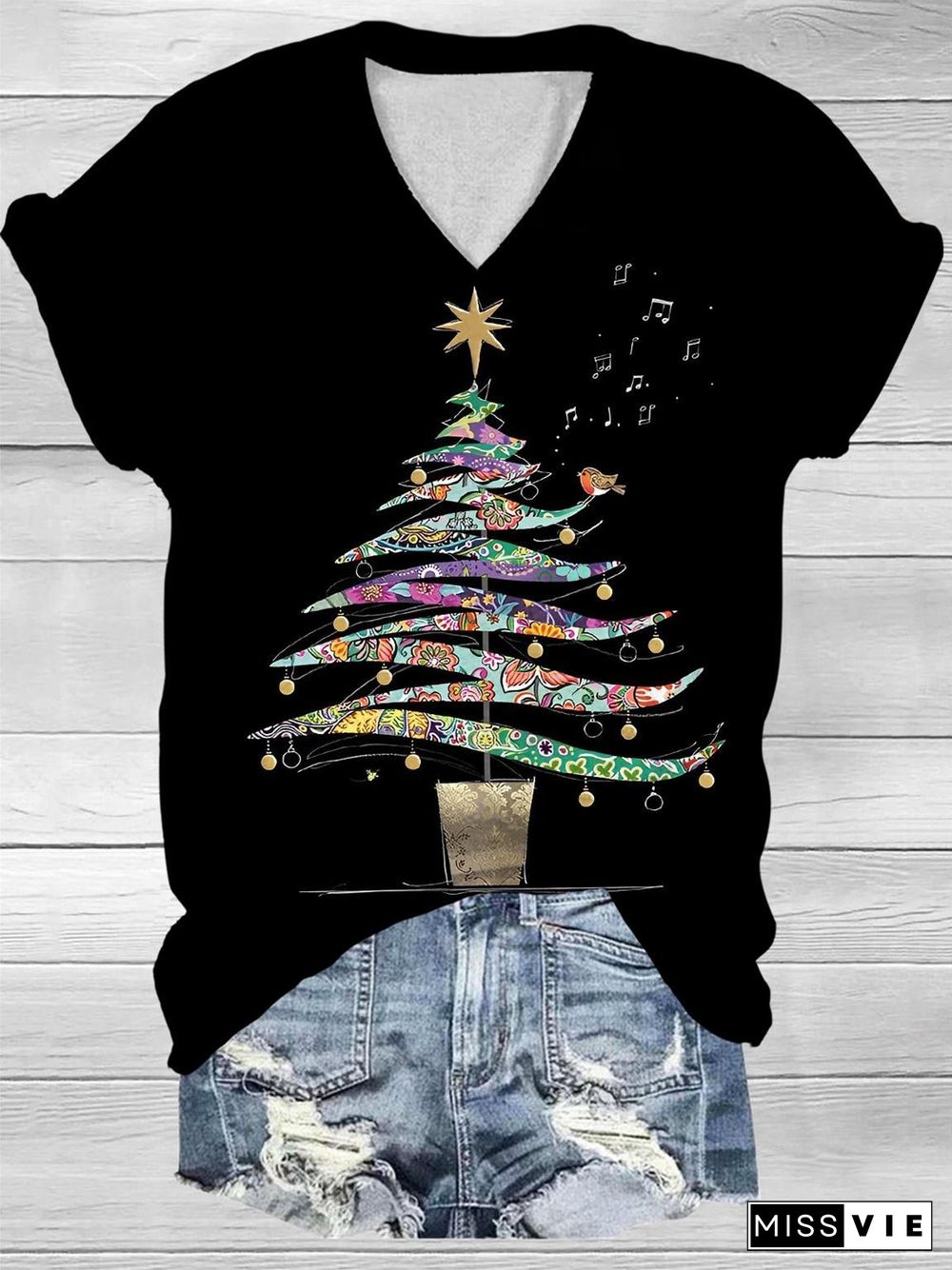 Vintage Christmas Tree Print V-Neck T-Shirt