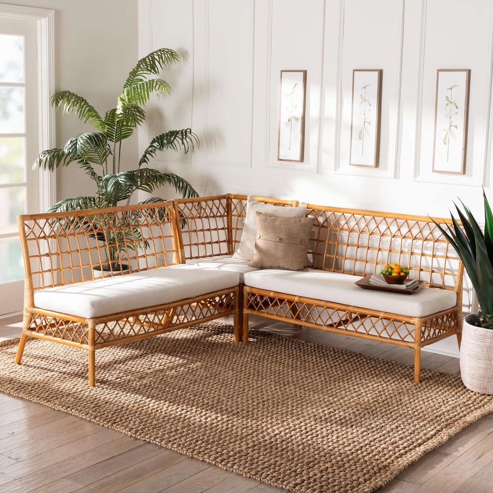 Capella Modern Bohemian Honey Rattan 3 Piece Dining Nook Banquette Set