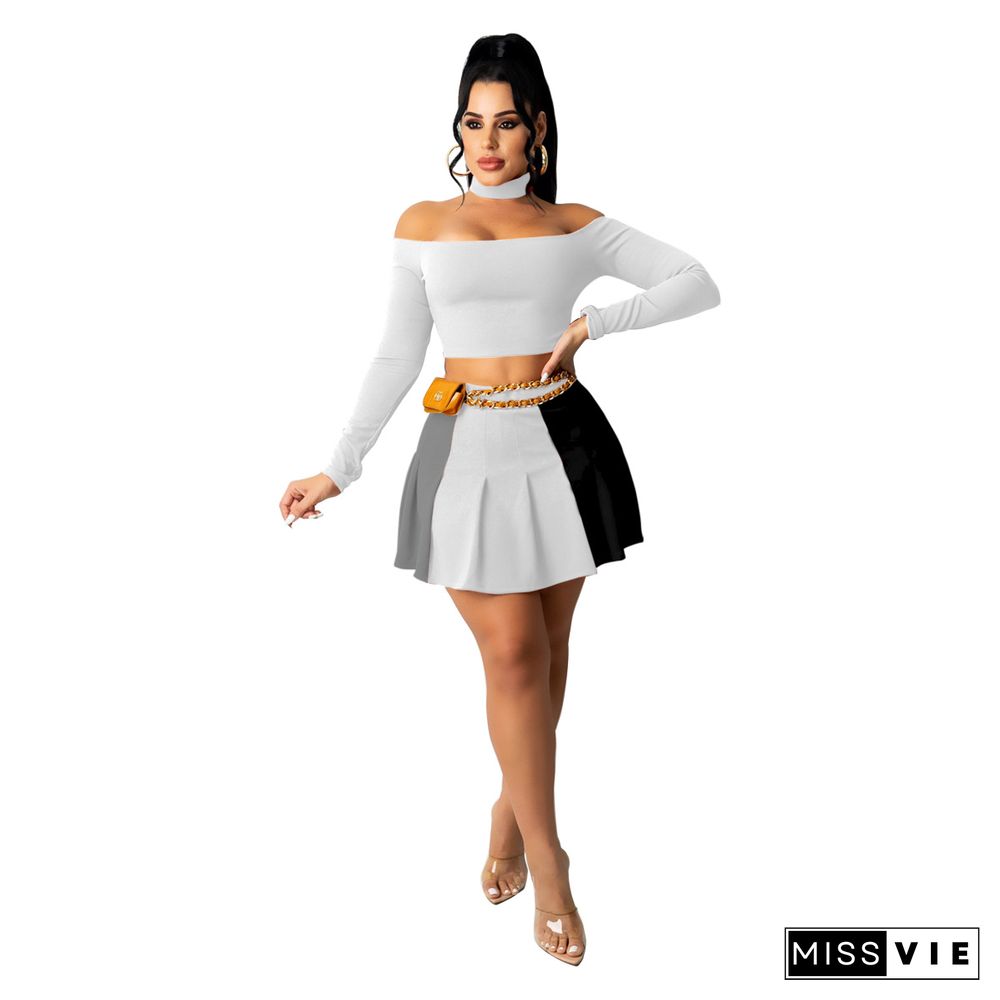 Off Shoulder Crop Top Pleated Mini Skirt Set