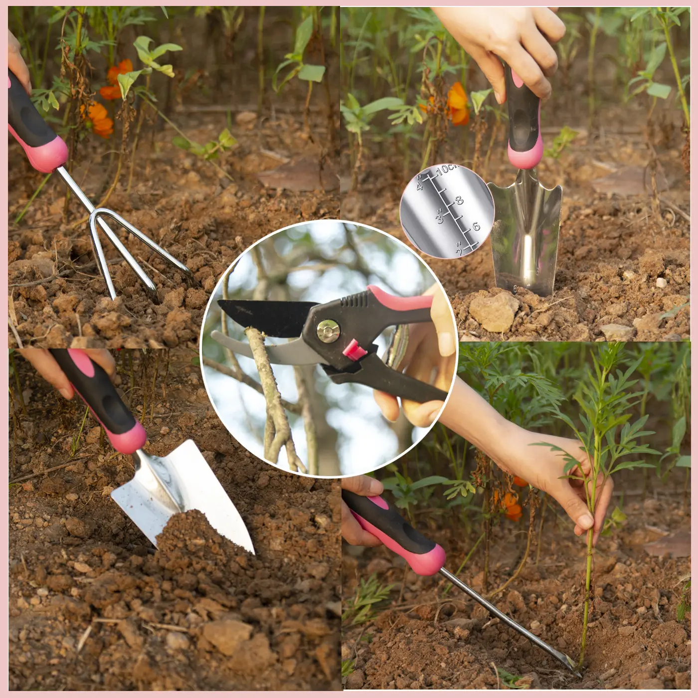 Top Sale 11pcs Stainless Steel Pink  Gardening Hand Tool Set  with Oxford Bag for Women  Pink garden tool set