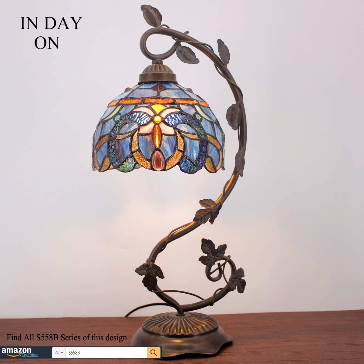 SHADY  Lamp Cloudy Blue Stained Glass Table Lamp  Metal Leaf Base 8X10X21 Inches Reading Desk Light Decor Small Space Bedside Bedroom Home Office S558 Series